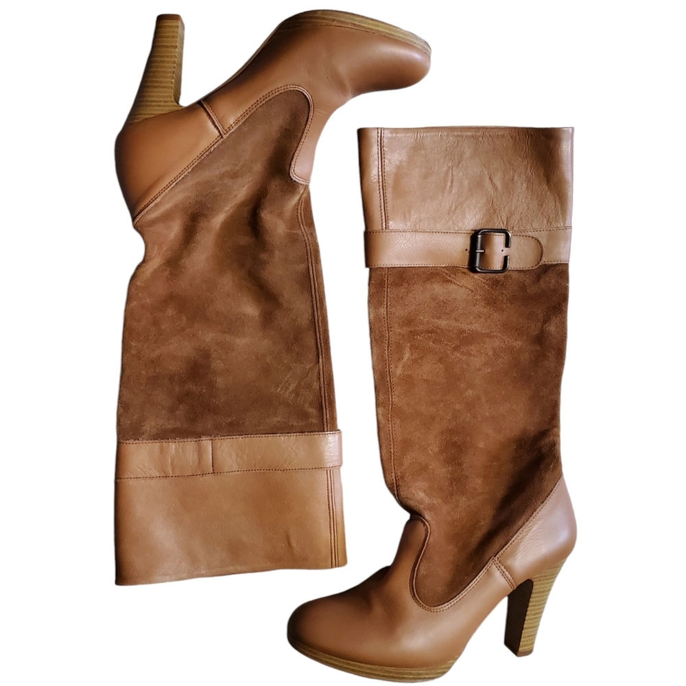 Stack High Heel Suede/Smooth Leather Boots Camel Spain